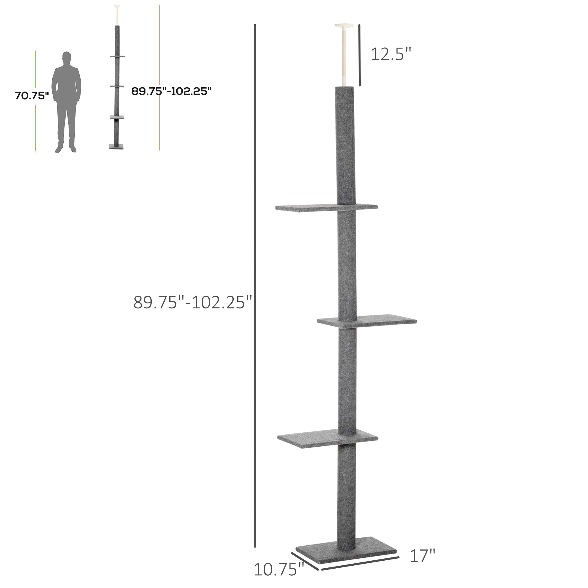 Floor-to-Ceiling Cat Tree Cat Climbing Tower with Sisal-Covered Scratching Posts Natural Cat Tree Activity Center for kittens Cat tower furniture, Grey